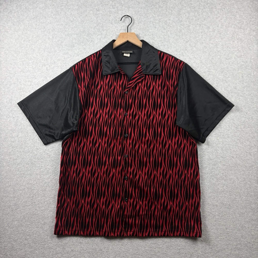 Vintage Odo Shirt Mens XL Red Black Velvety Print Camp Club Rave Button Up Y2K